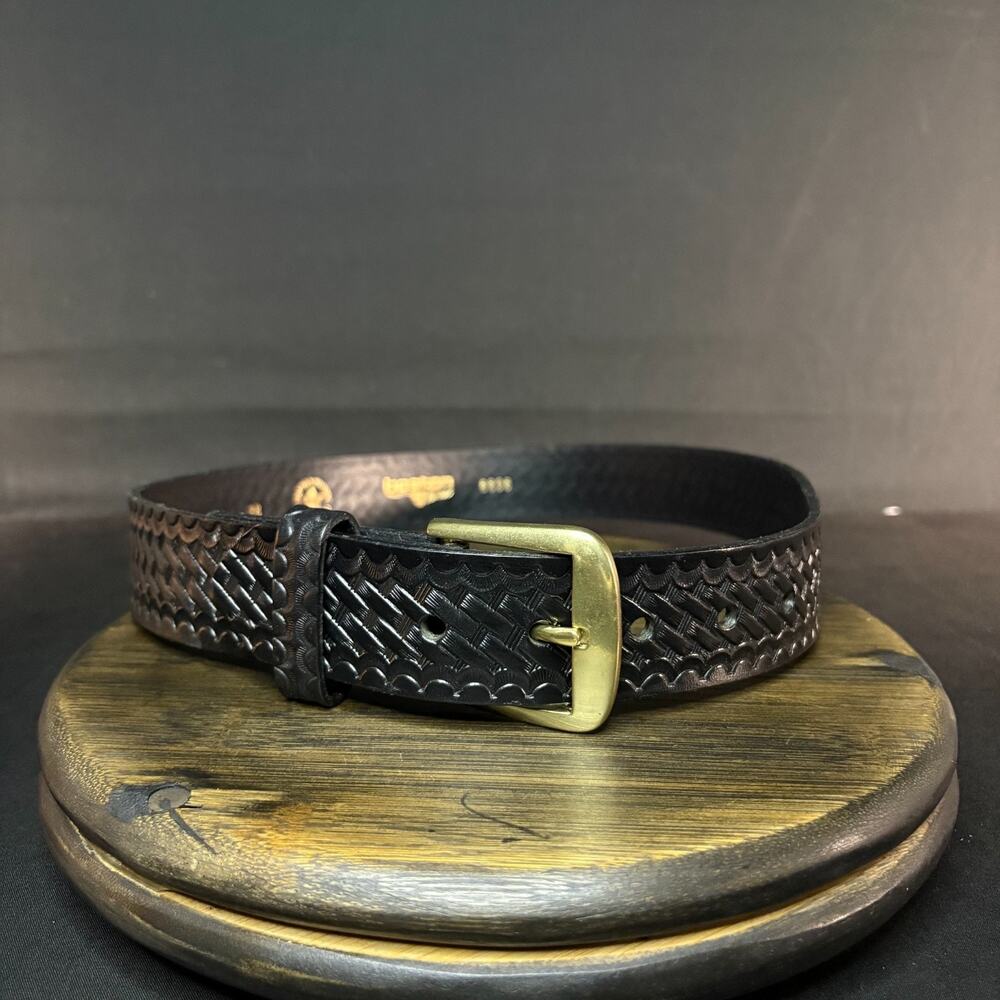 Boston Leather Garrison Belt Size 28" Basketweave Black Leather Brass 6606